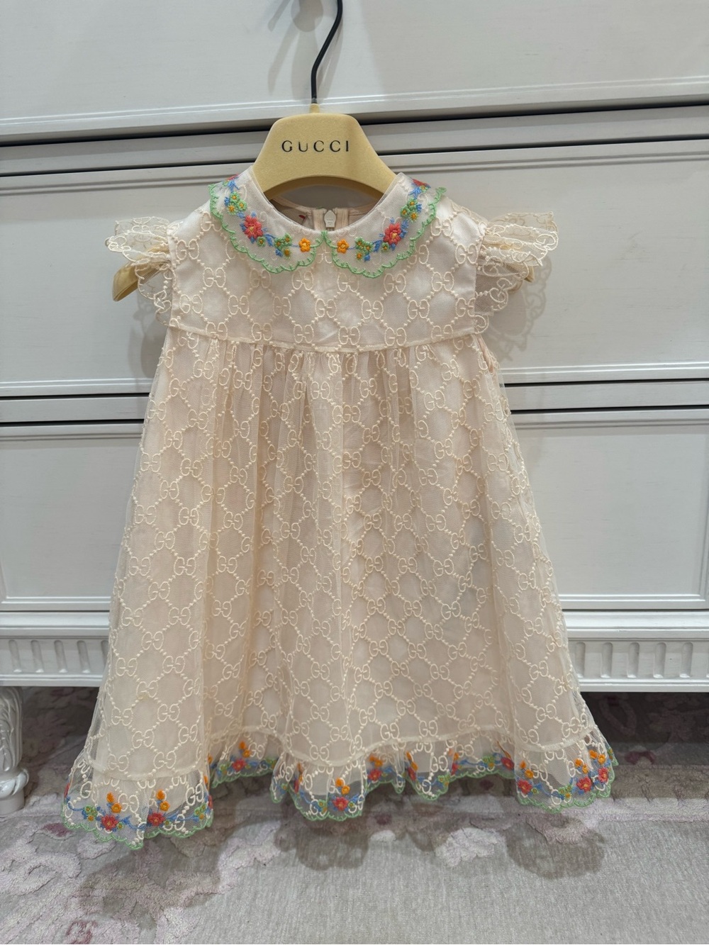 Gucci Ivory Lace Dress with Multicolor Floral Embroidery